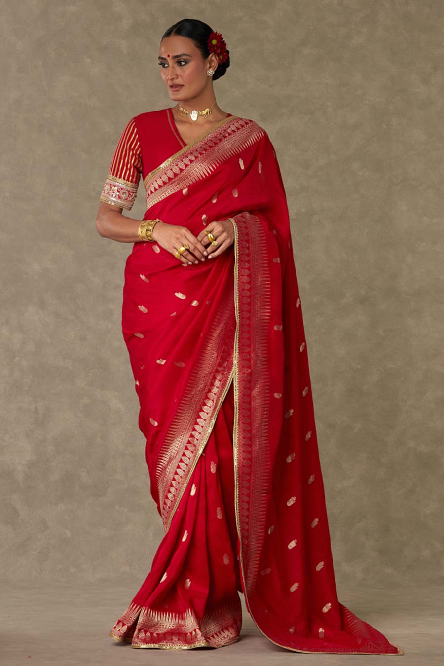 Red Haath Phool Embroidered Saree with Blouse Piece