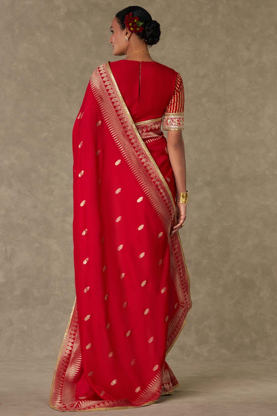 Red Haath Phool Embroidered Saree with Blouse Piece