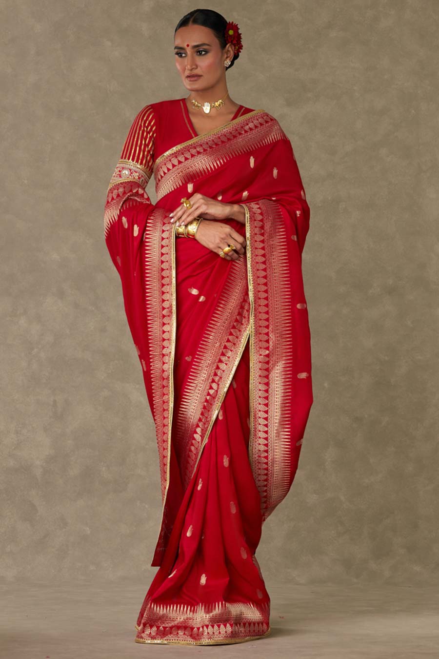 Red Haath Phool Embroidered Saree with Blouse Piece