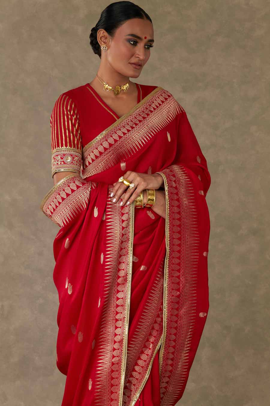 Red Haath Phool Embroidered Saree with Blouse Piece