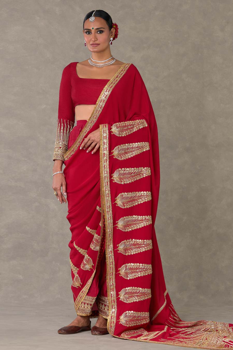 Red Son-Patti Embroidered Saree with Salwar