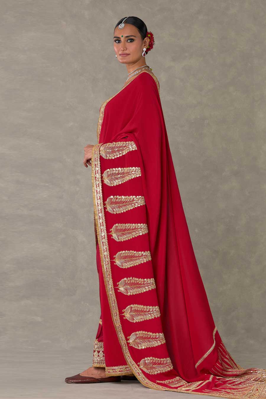 Red Son-Patti Embroidered Saree with Salwar