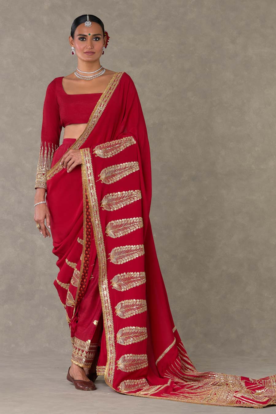 Red Son-Patti Embroidered Saree with Salwar