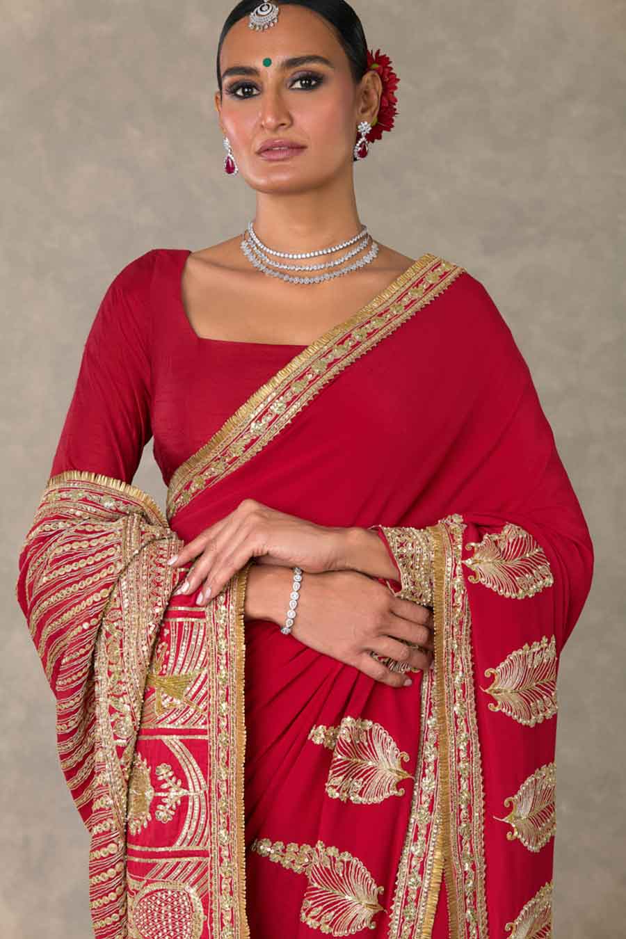 Red Son-Patti Embroidered Saree with Salwar