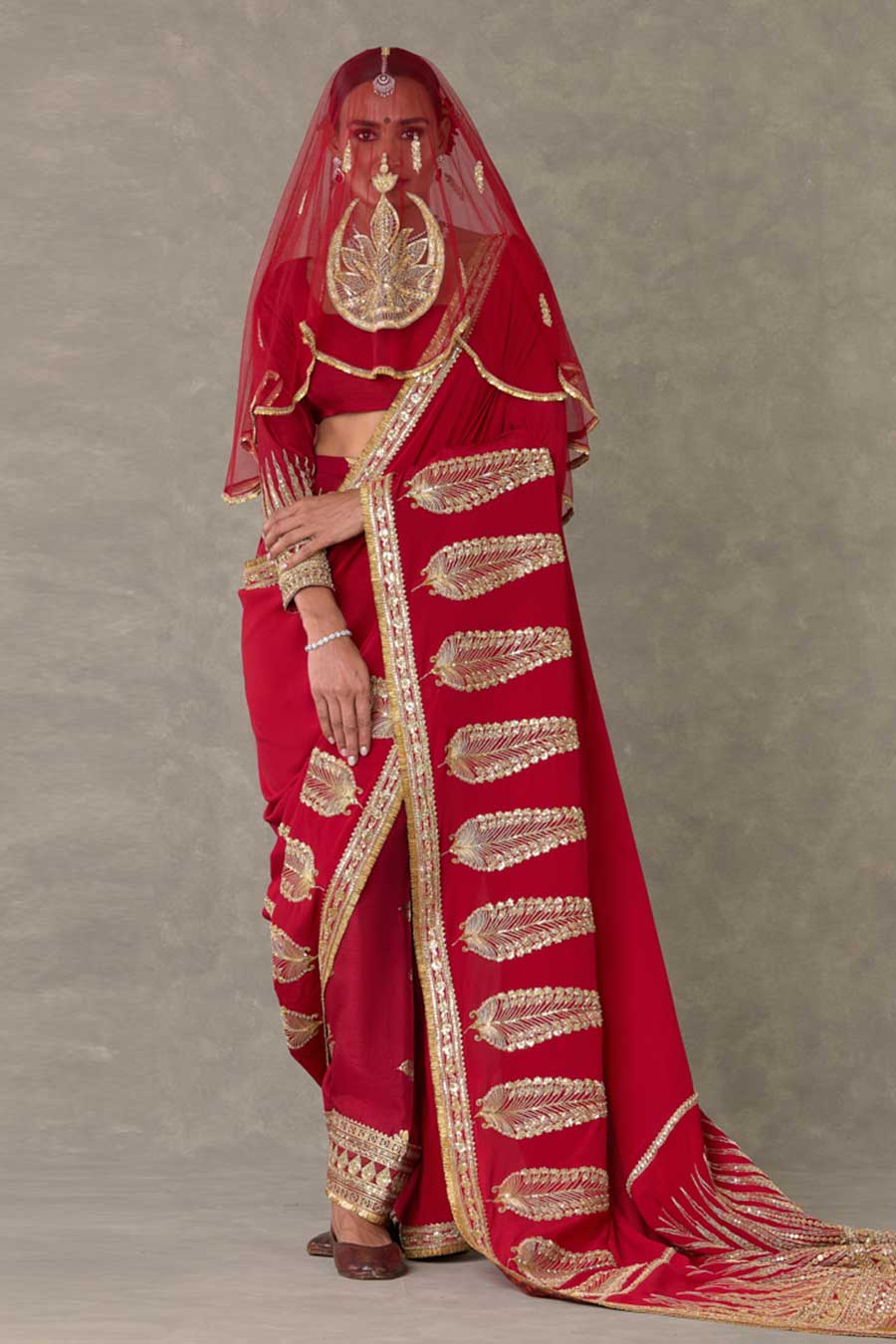 Red Son-Patti Embroidered Saree with Salwar and Veil