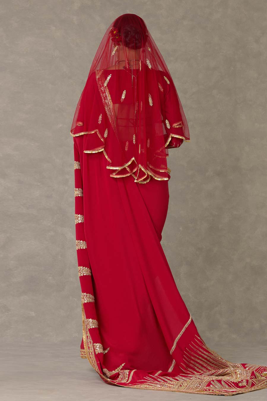 Red Son-Patti Embroidered Saree with Salwar and Veil