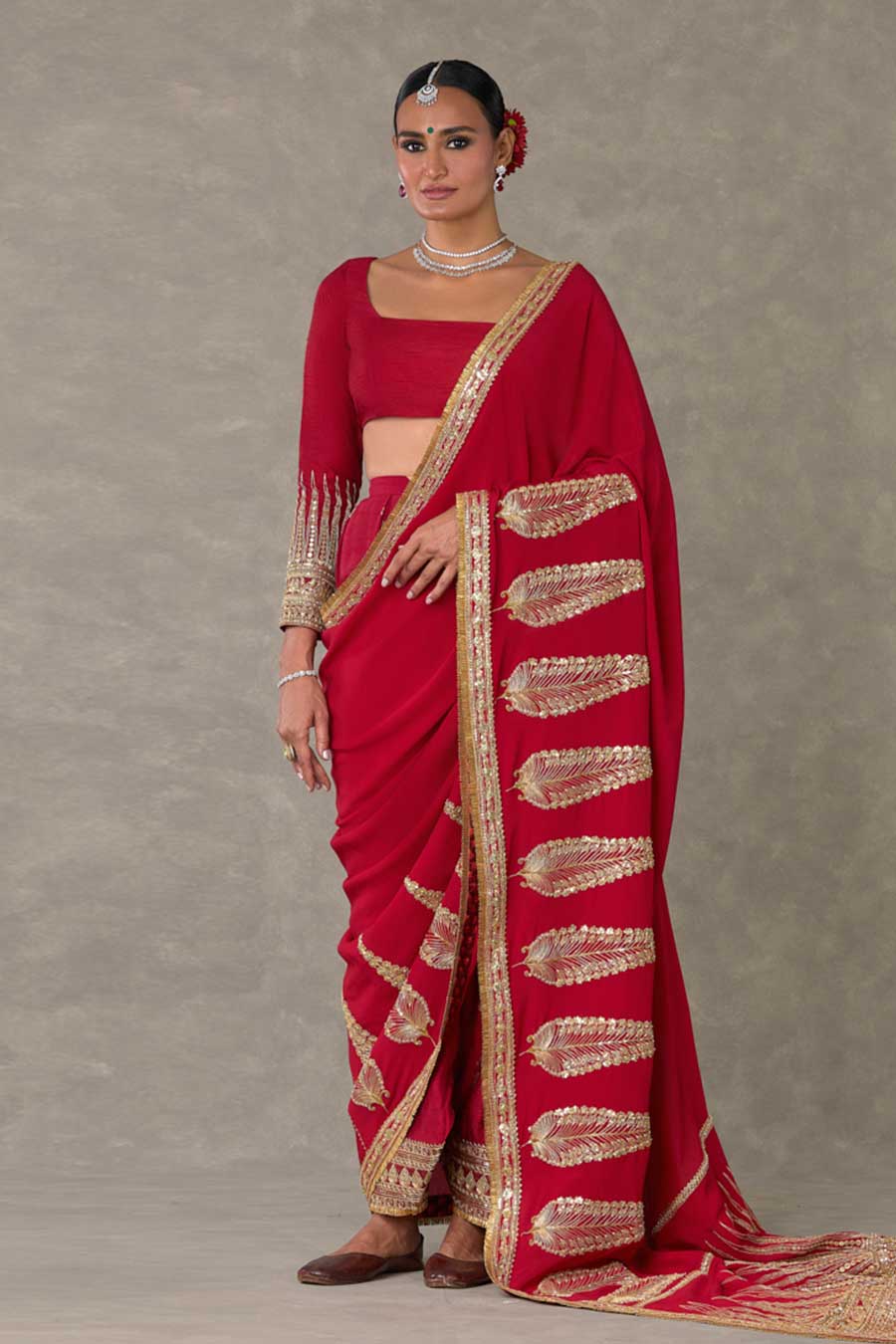 Red Son-Patti Embroidered Saree with Salwar and Veil