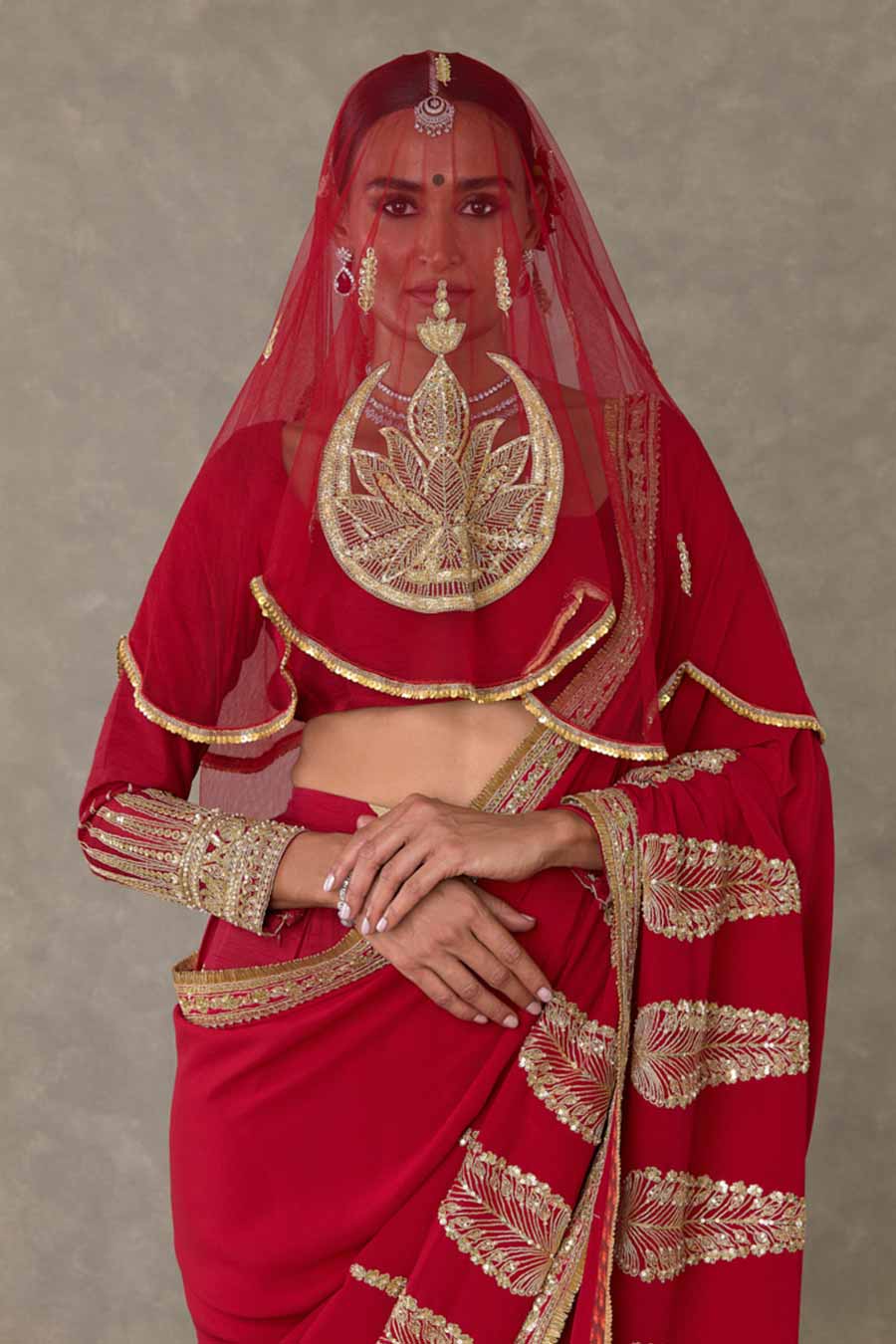 Red Son-Patti Embroidered Saree with Salwar and Veil