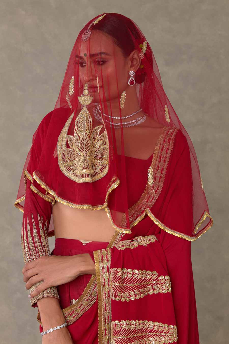 Red Son-Patti Embroidered Saree with Salwar and Veil