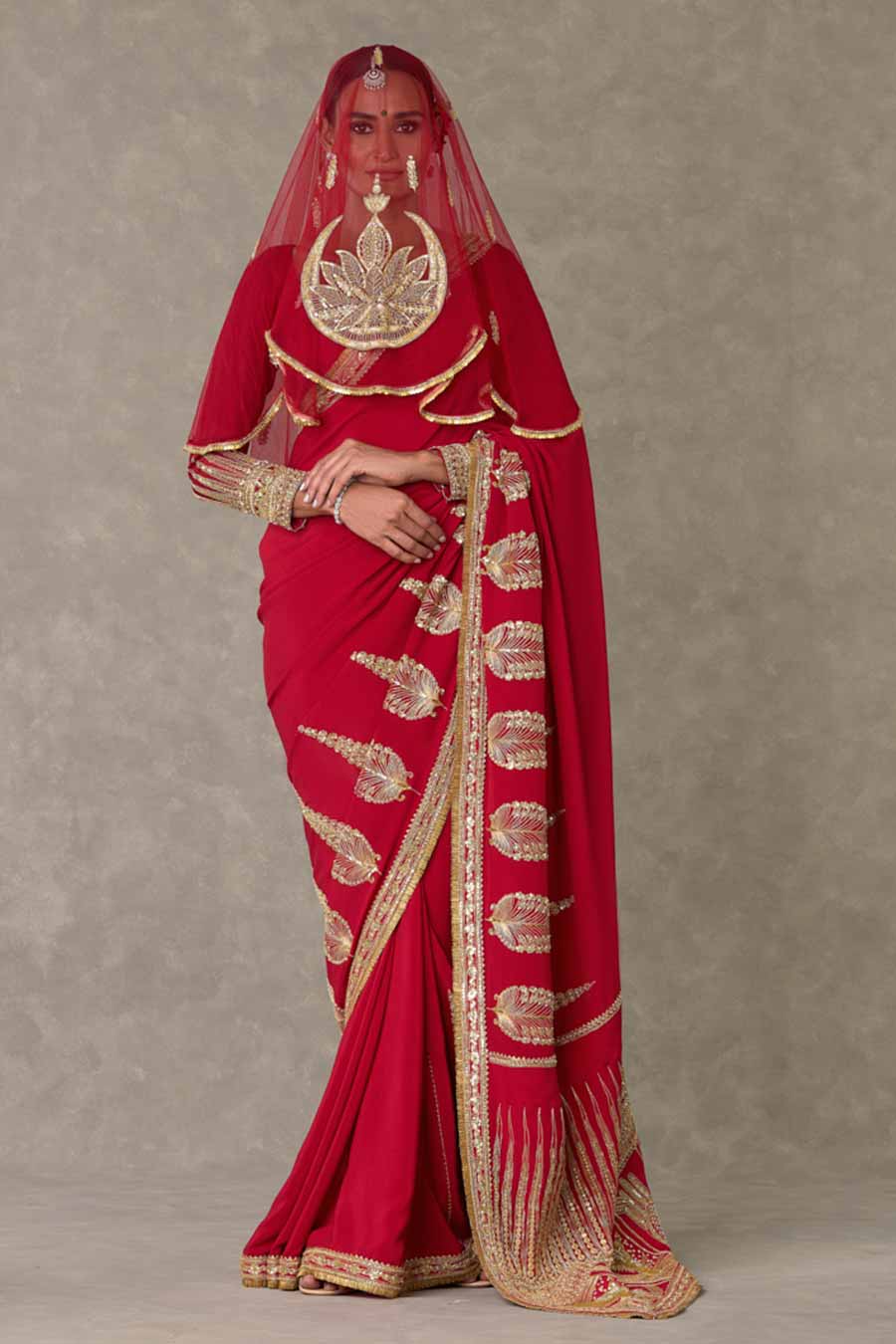 Red Son-Patti Embroidered Saree With Veil