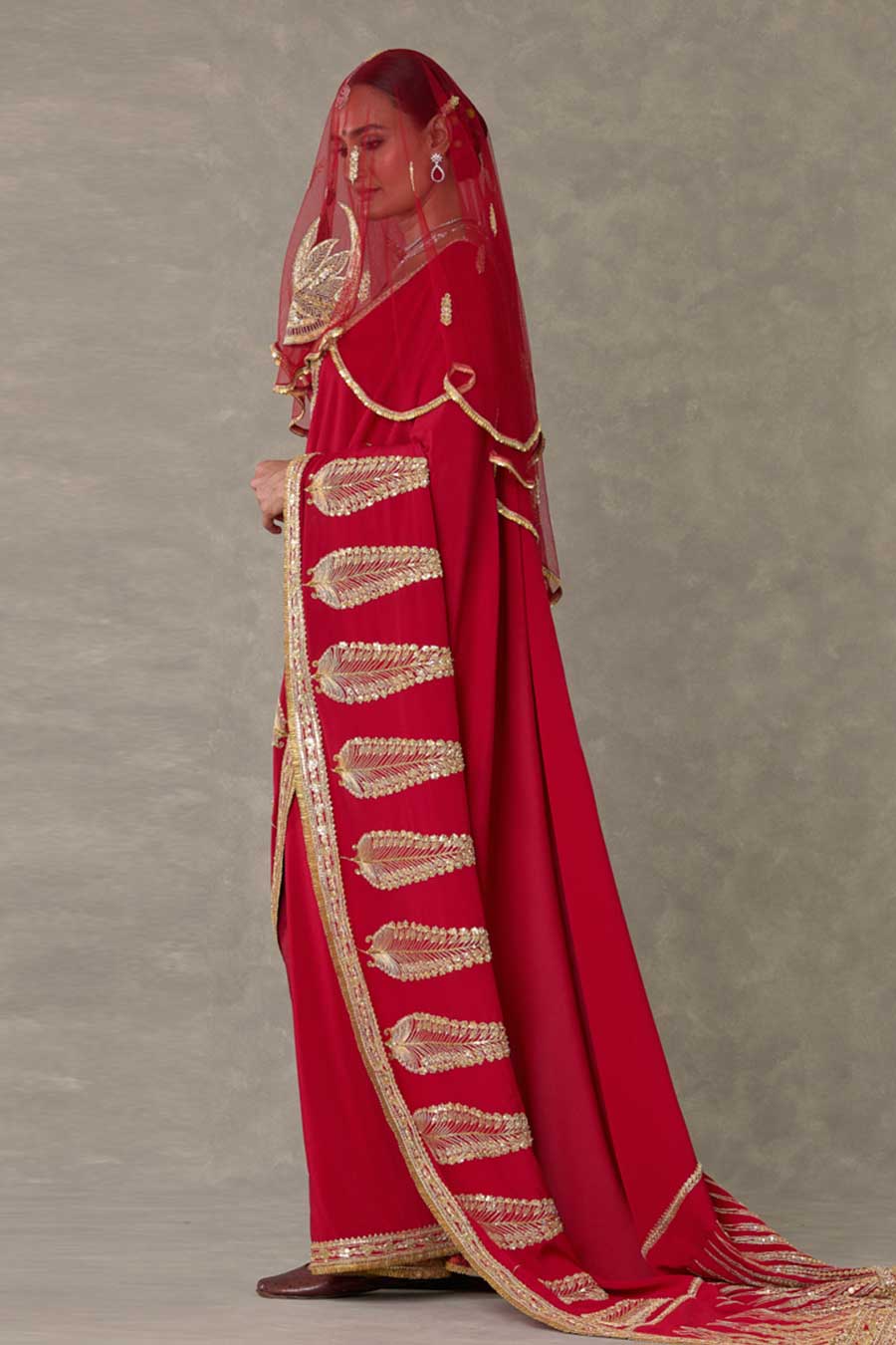 Red Son-Patti Embroidered Saree With Veil