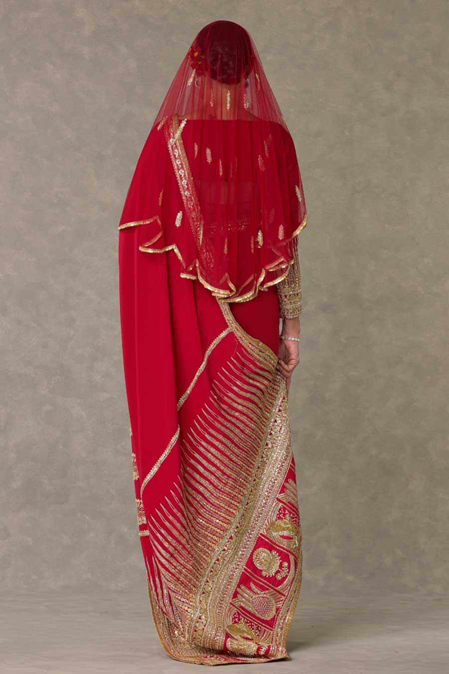 Red Son-Patti Embroidered Saree With Veil