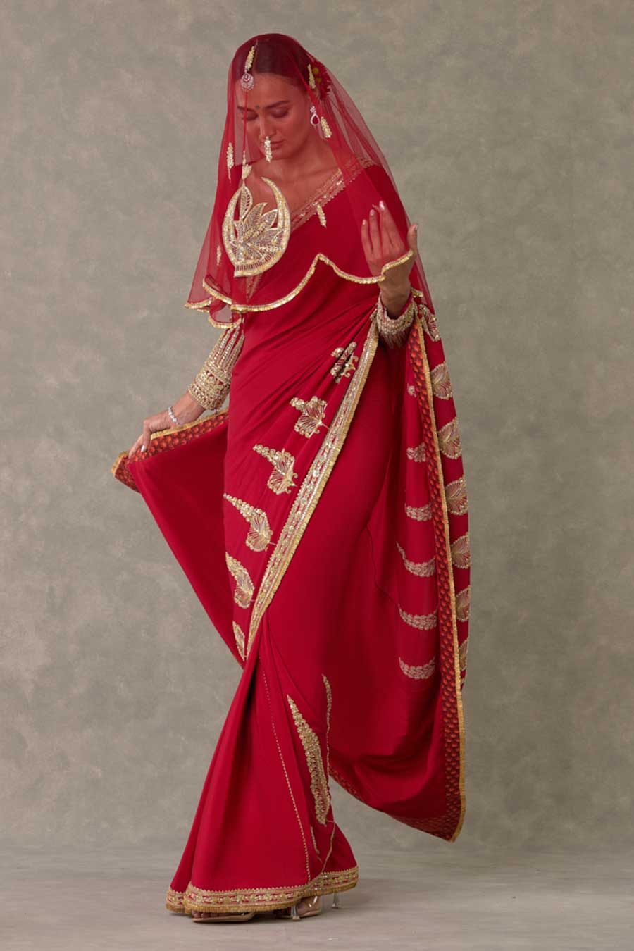 Red Son-Patti Embroidered Saree With Veil