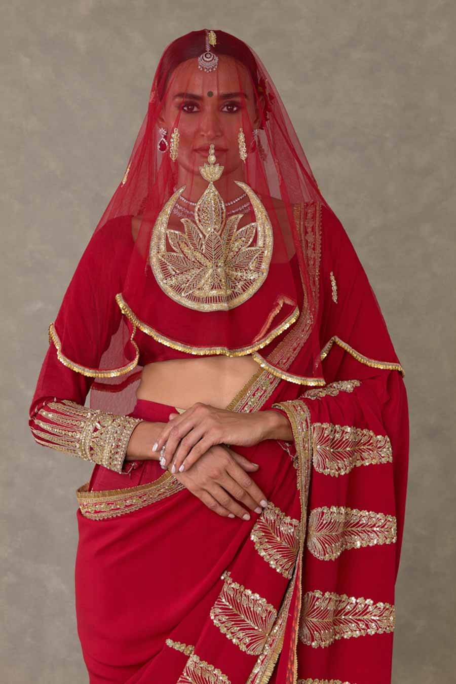 Red Son-Patti Embroidered Saree With Veil