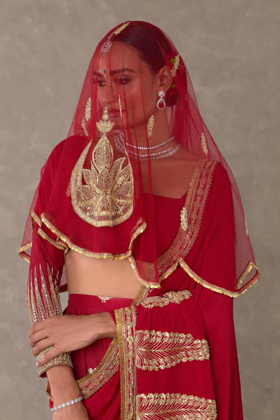 Red Son-Patti Embroidered Saree With Veil