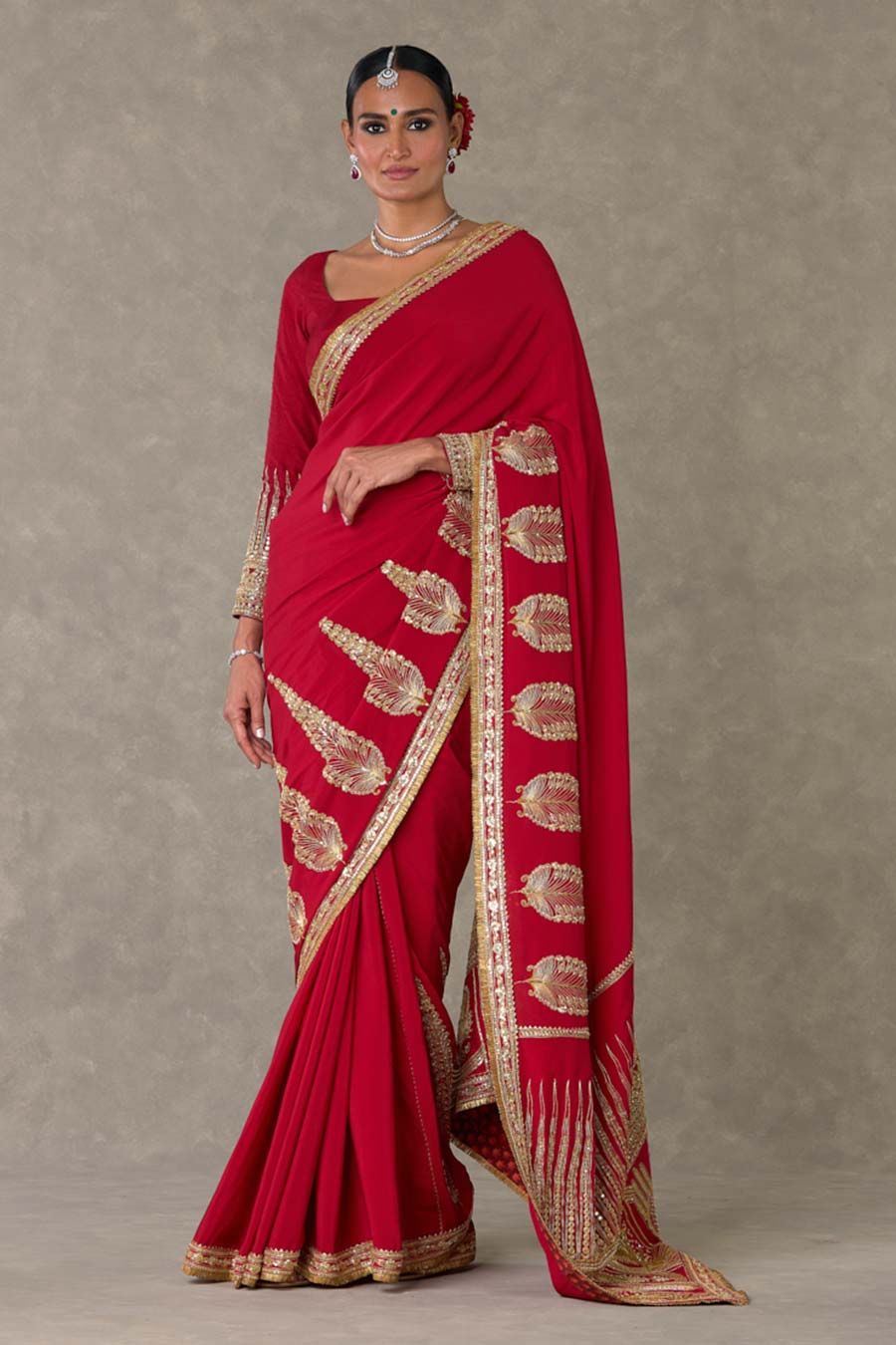 Red Son-Patti Embroidered Saree with Blouse Piece