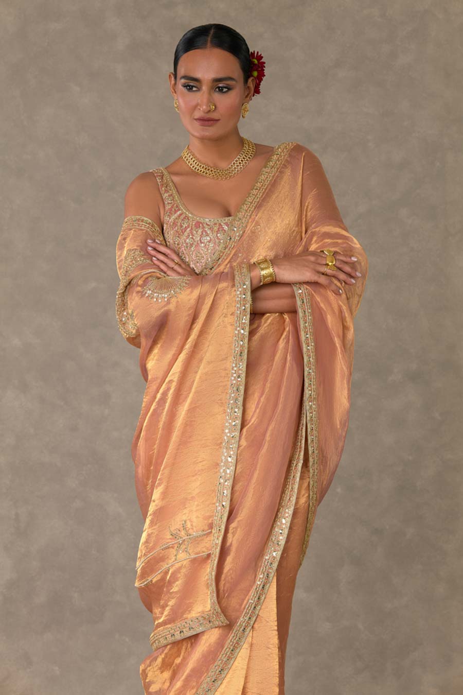 Peach Shahi Tukda Saree with Blouse Piece