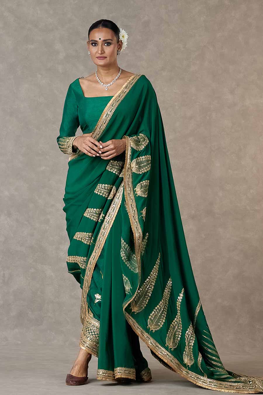 Dark Green Son-Patti Embroidered Saree With Salwar