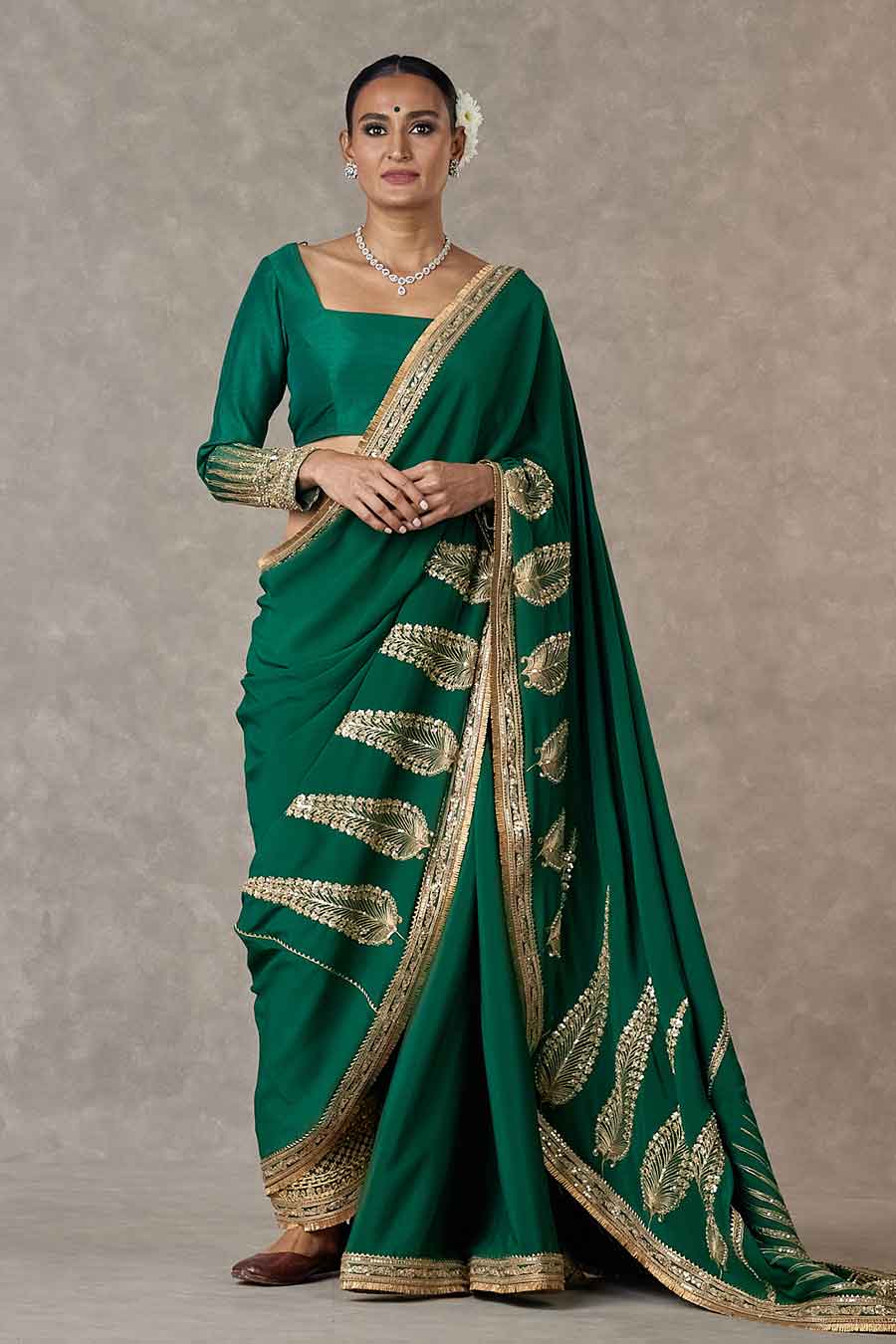 Dark Green Son-Patti Embroidered Saree With Salwar