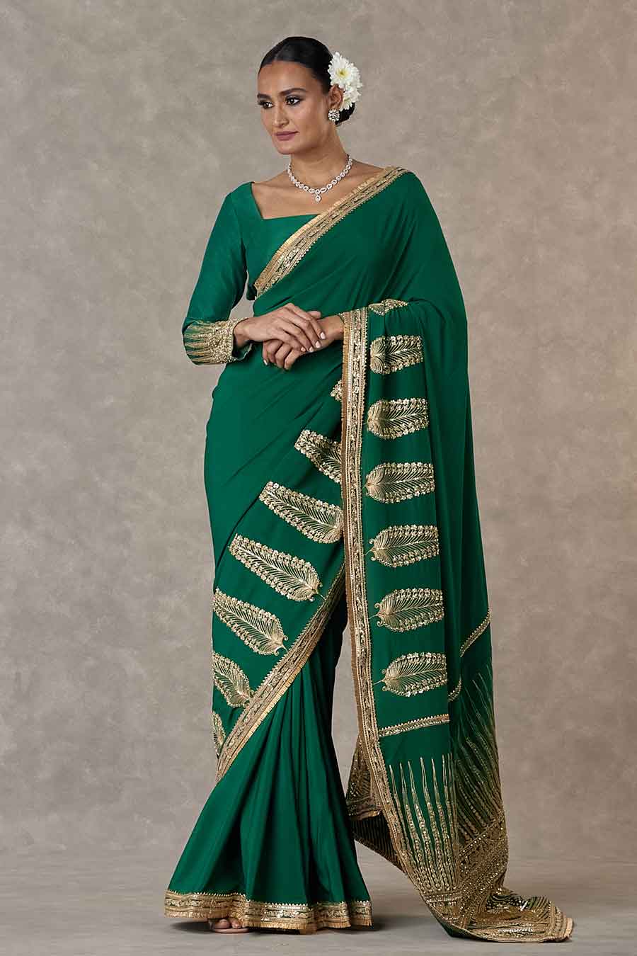Dark Green Son-Patti Embroidered Saree With Blouse Piece