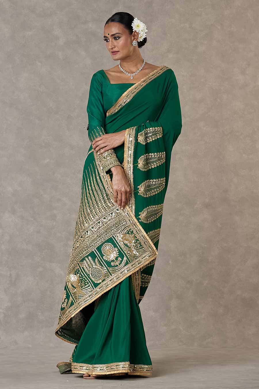 Dark Green Son-Patti Embroidered Saree With Blouse Piece