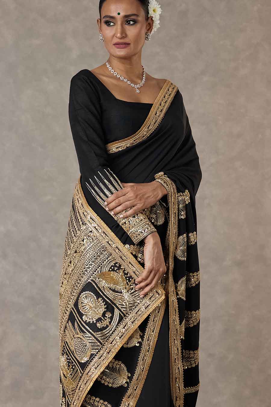 Black Son-Patti Embroidered Saree With Salwar
