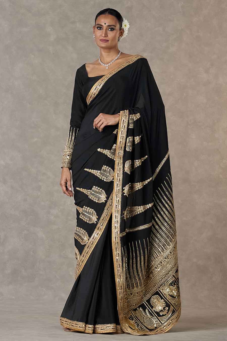 Black Son-Patti Embroidered Saree With Blouse Piece