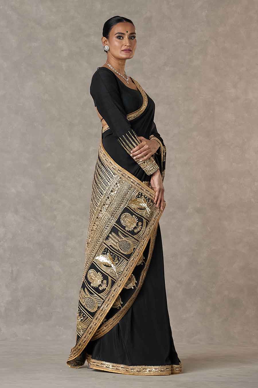 Black Son-Patti Embroidered Saree With Blouse Piece