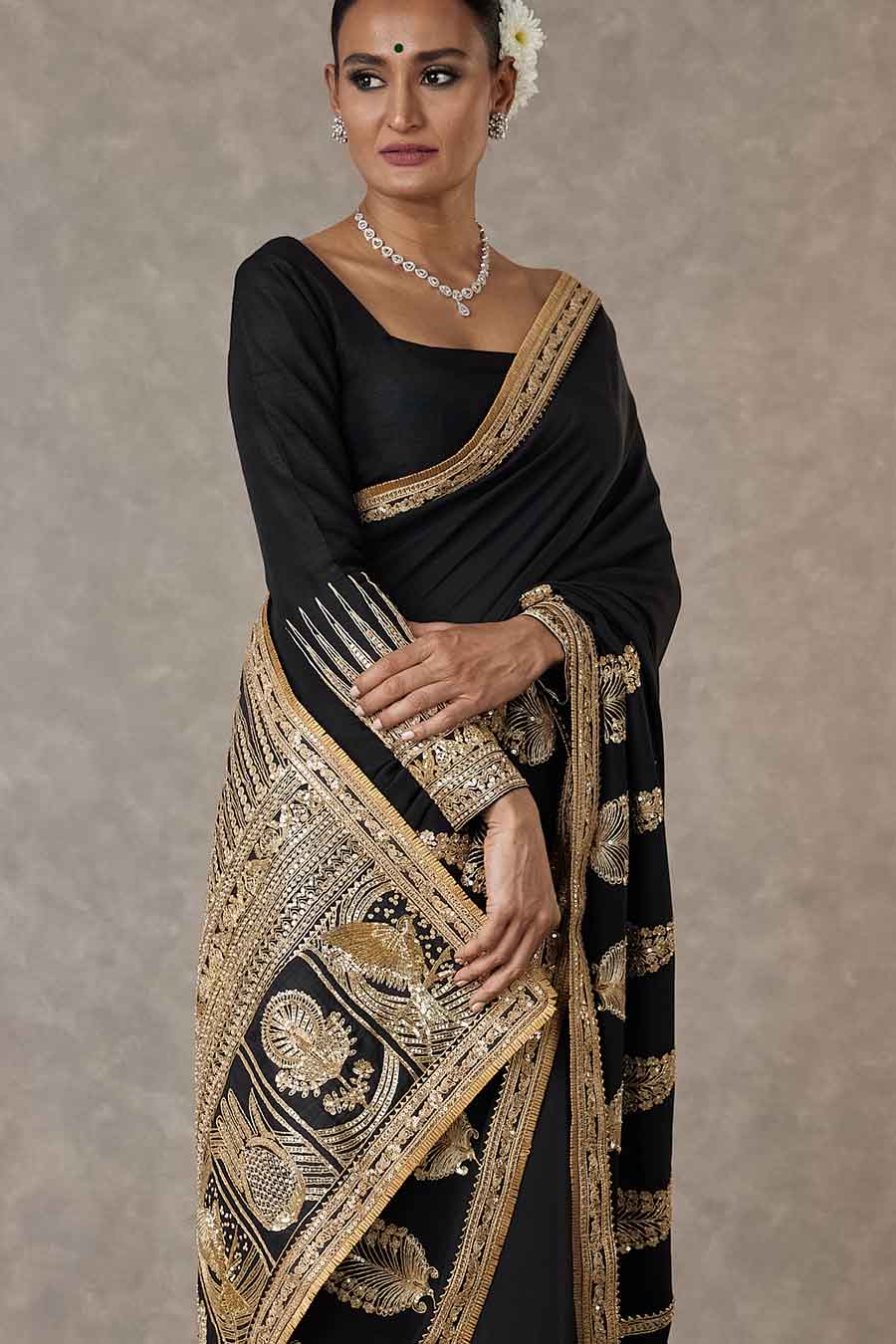 Black Son-Patti Embroidered Saree With Blouse Piece