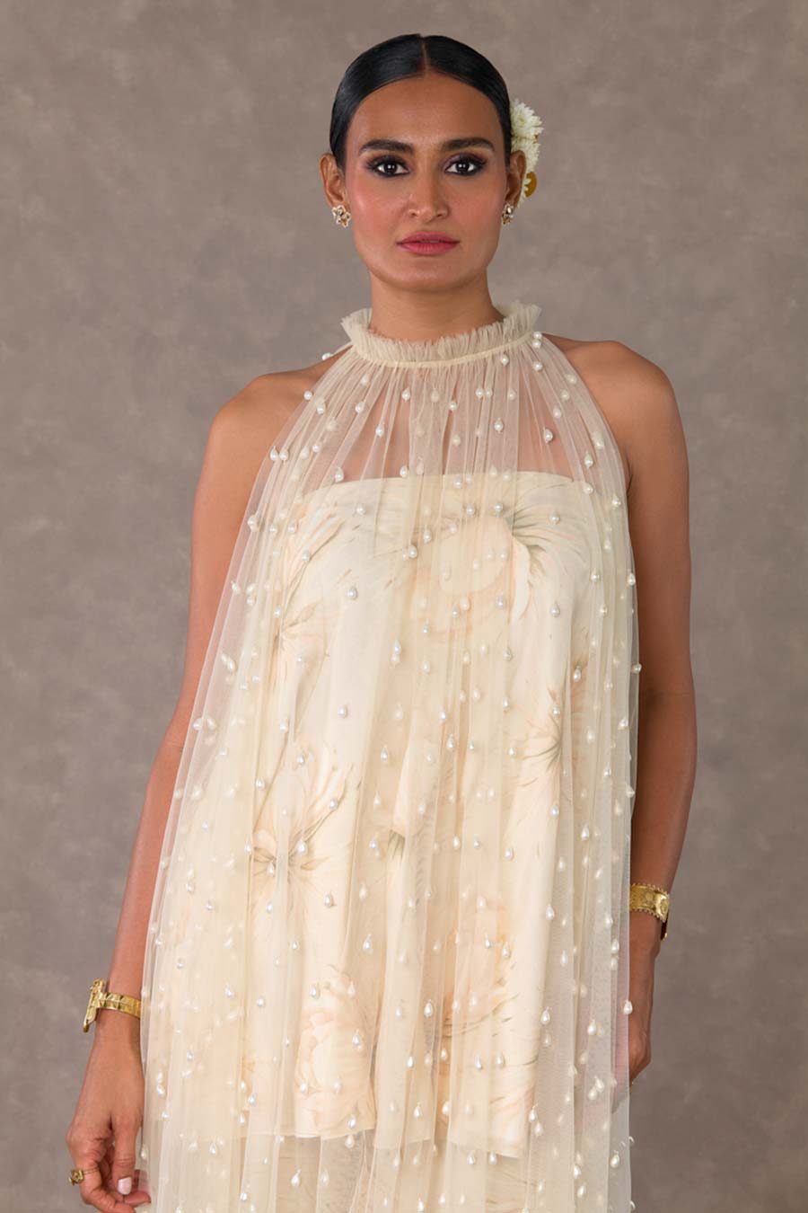 Ivory Nargis Pearl Tunic Set with Cape