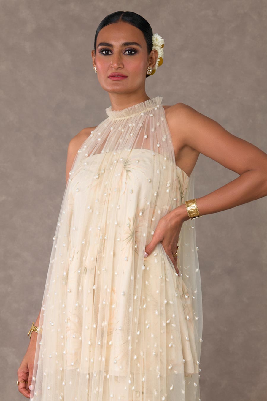 Ivory Nargis Pearl Tunic Set with Cape