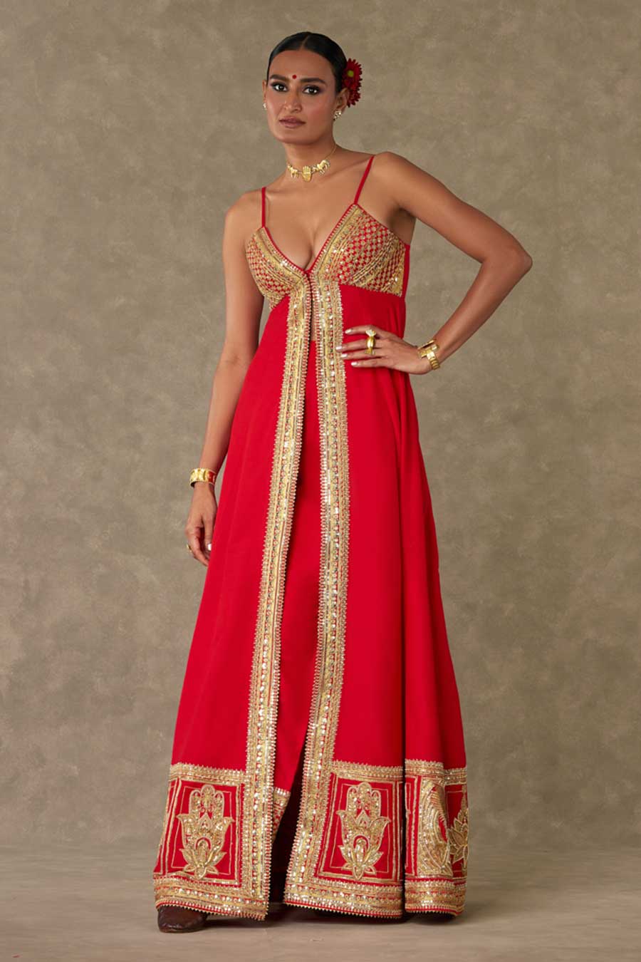 Red Haathphool Embroidered Tunic & Palazzo Set