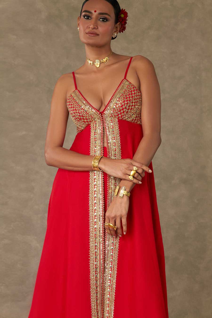 Red Haathphool Embroidered Tunic & Palazzo Set