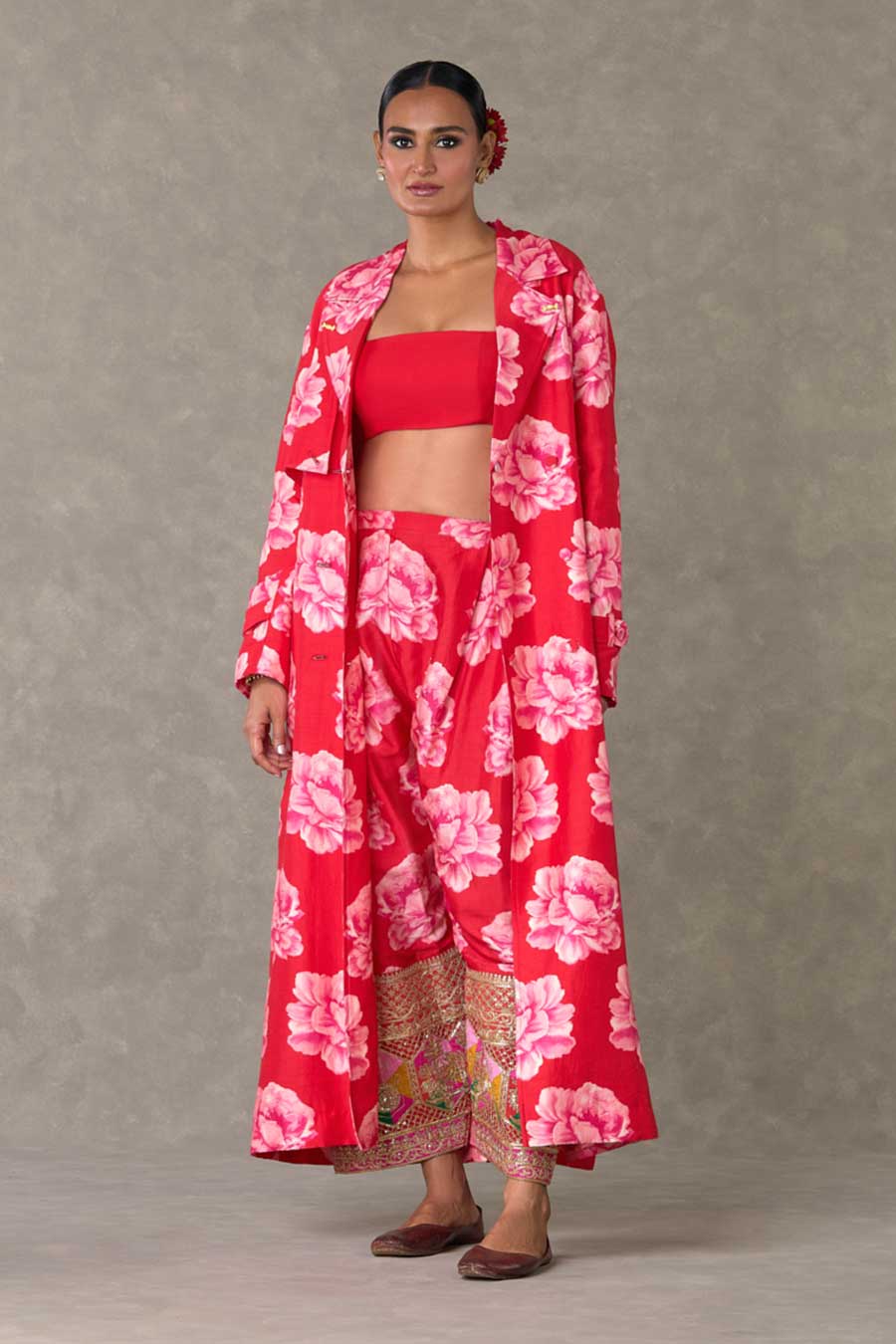 Red Nurvi Printed Trench Coat Co-ord Set