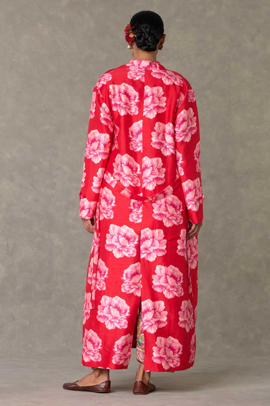 Red Nurvi Printed Trench Coat Co-ord Set