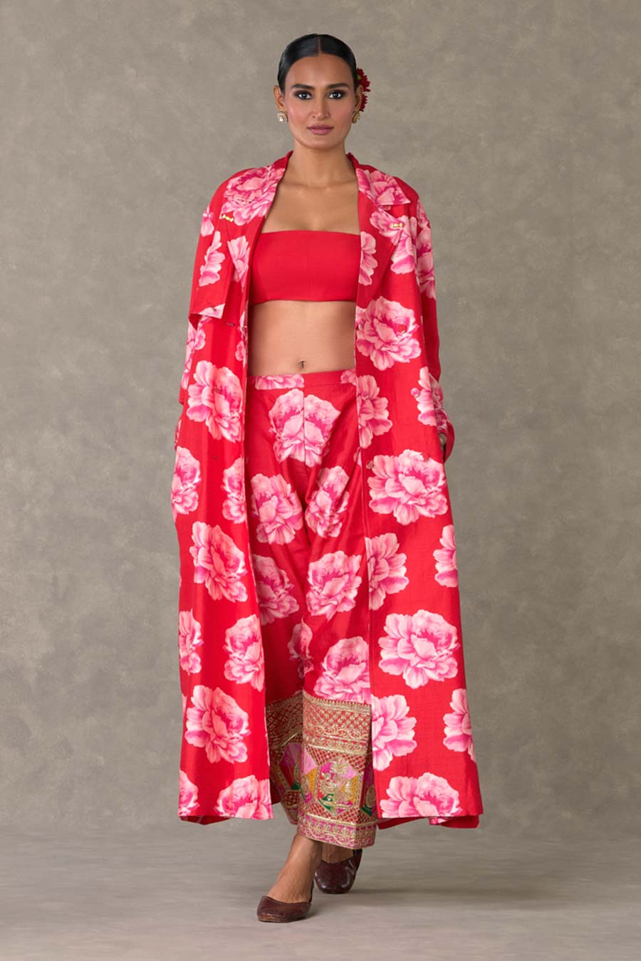 Red Nurvi Printed Trench Coat Co-ord Set