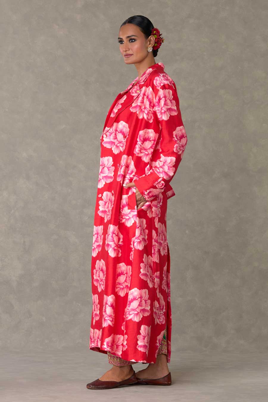 Red Nurvi Printed Trench Coat Co-ord Set