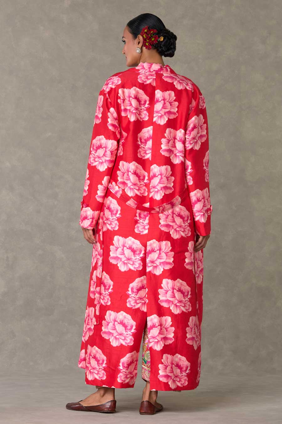 Red Nurvi Printed Trench Coat Co-ord Set