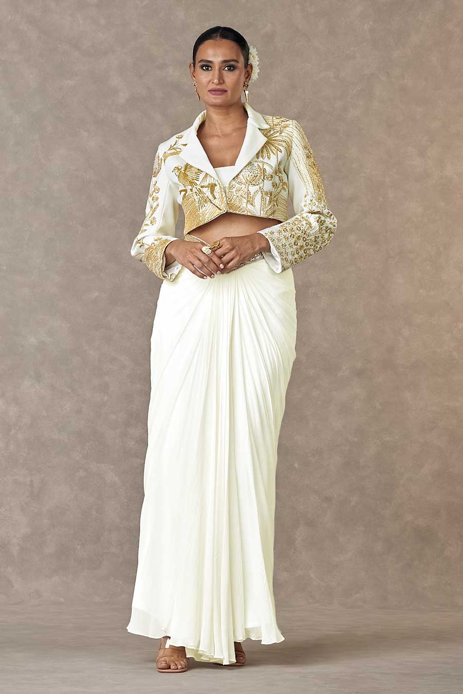 Ivory Son-Chidiya Embroidered Cropped Blazer & Skirt Set