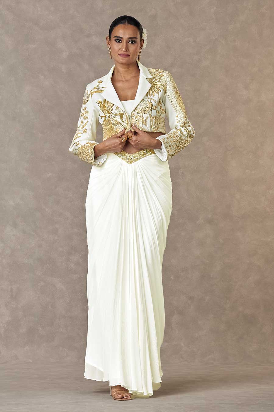 Ivory Son-Chidiya Embroidered Cropped Blazer & Skirt Set
