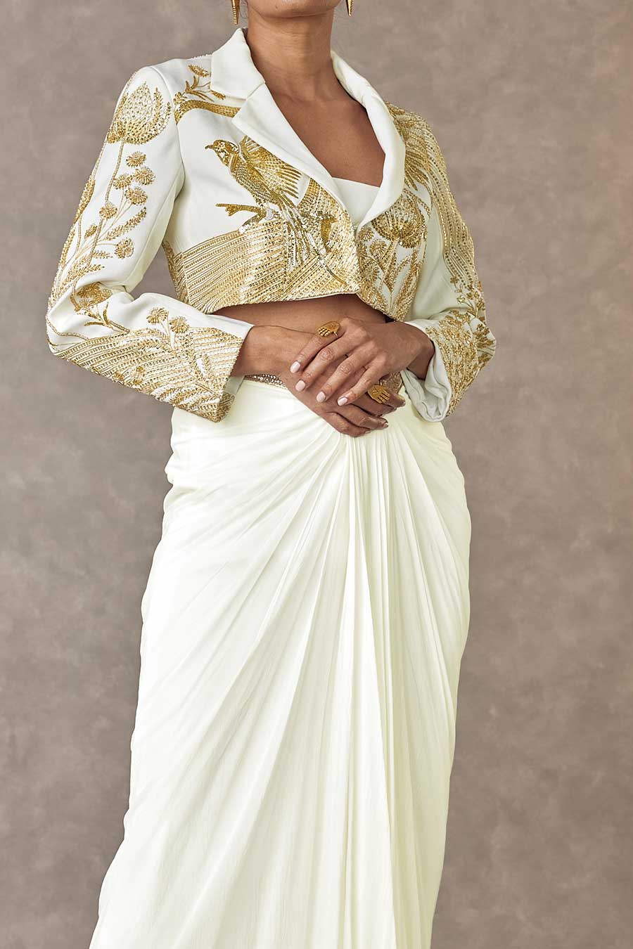 Ivory Son-Chidiya Embroidered Cropped Blazer & Skirt Set