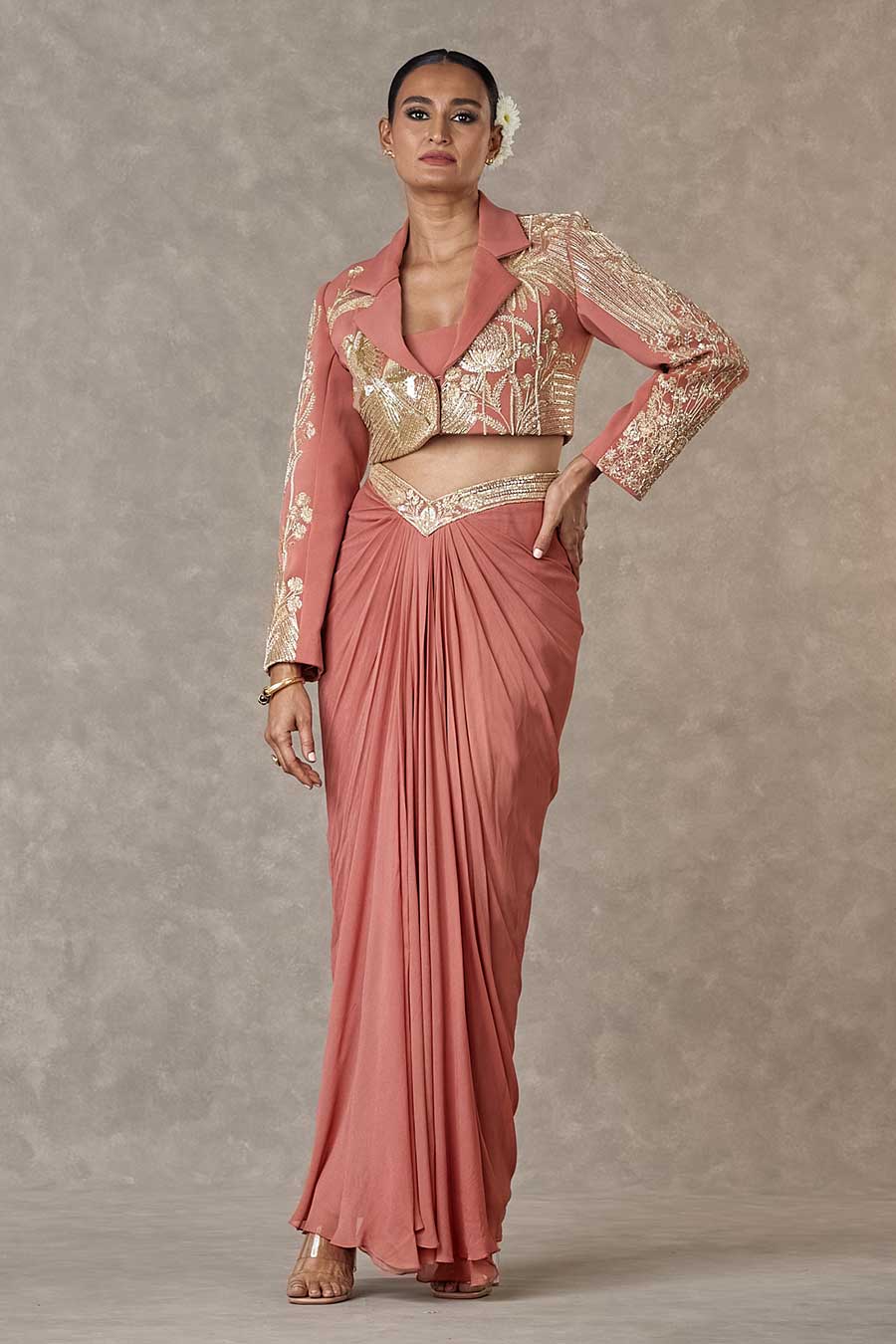 Salmon Son-Chidiya Embroidered Cropped Blazer & Skirt Set