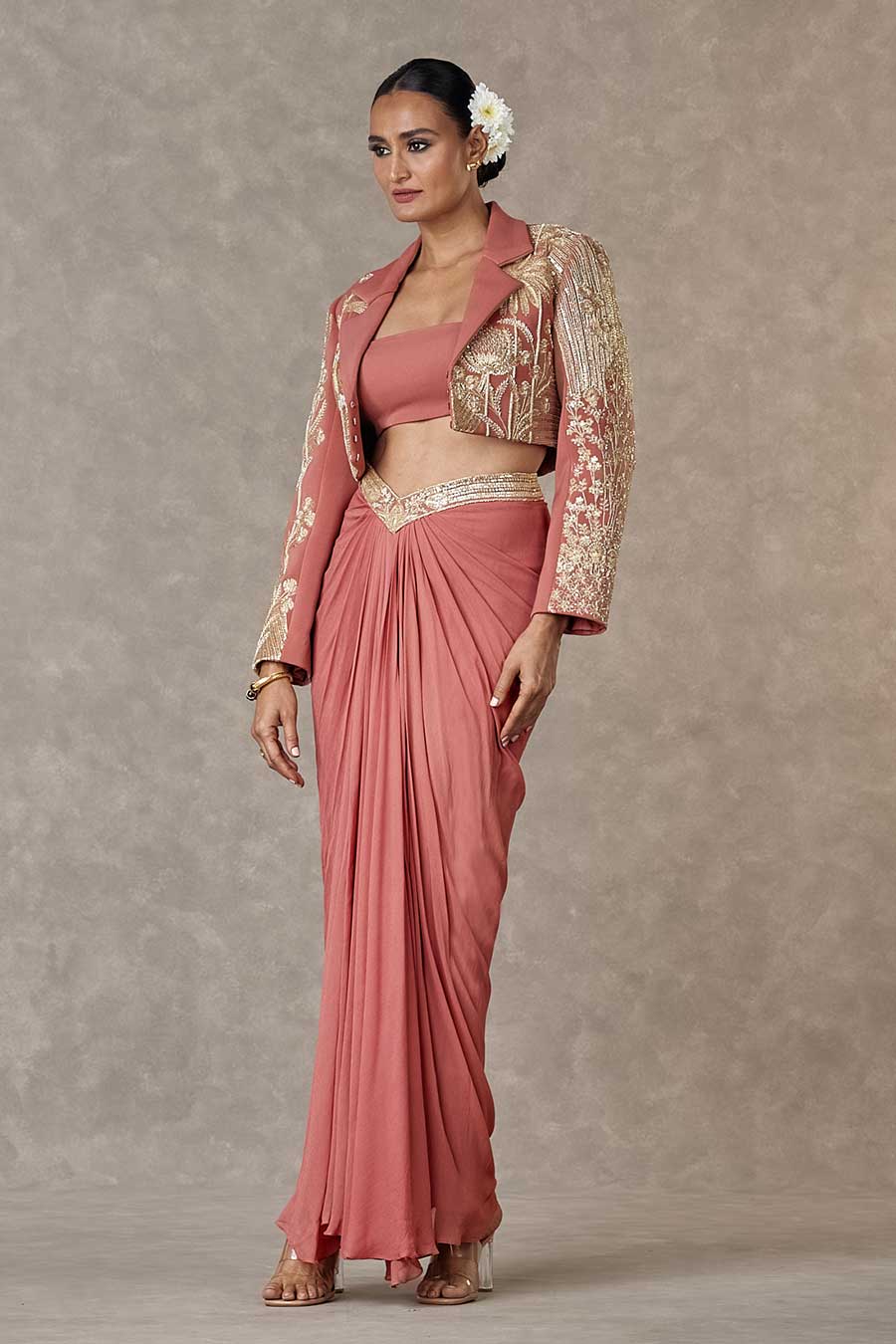 Salmon Son-Chidiya Embroidered Cropped Blazer & Skirt Set