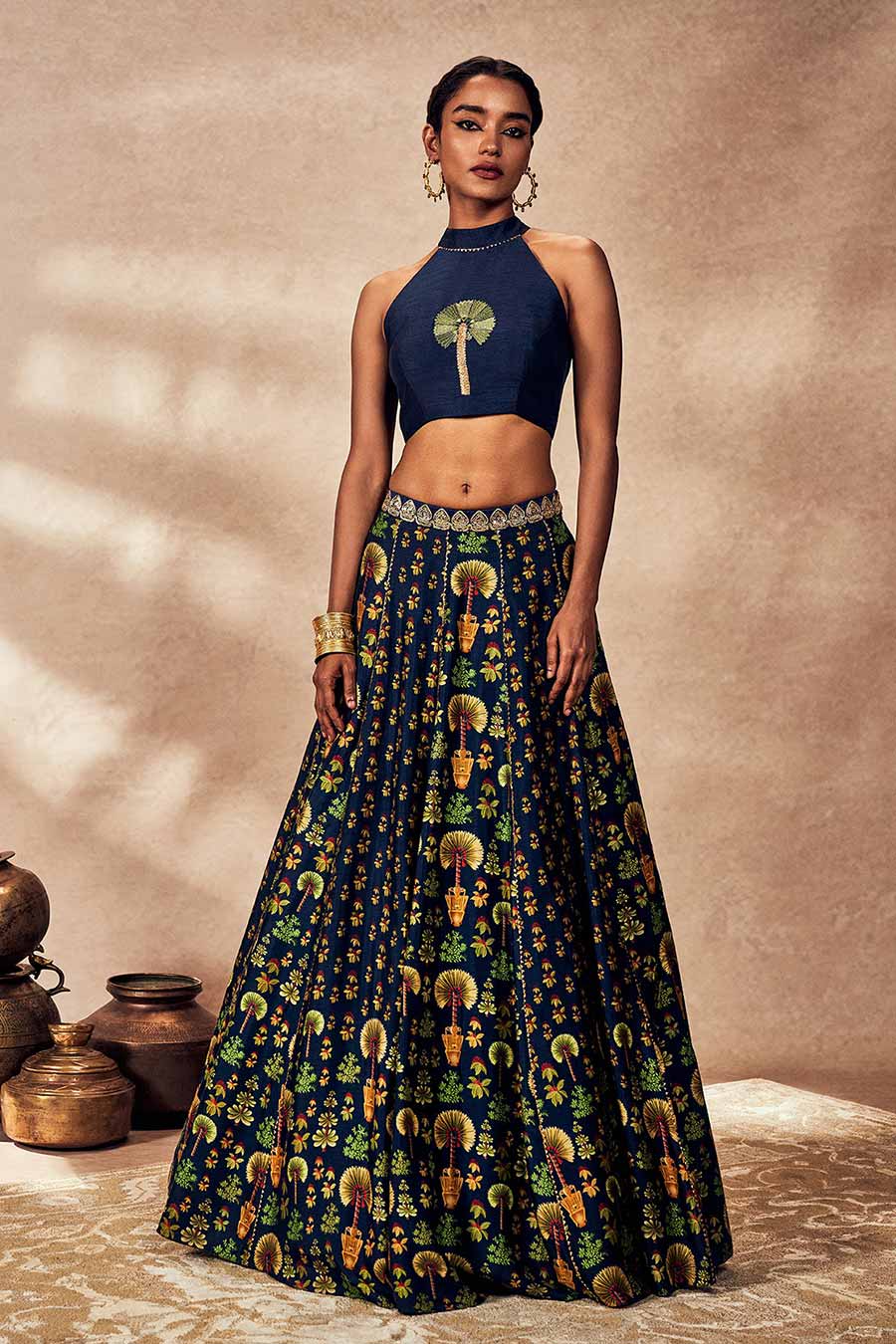 Blue Nomadic Tribe Printed Blouse & Lehenga Set