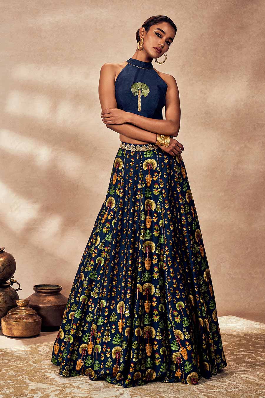 Blue Nomadic Tribe Printed Blouse & Lehenga Set