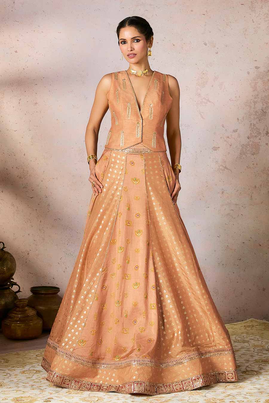 Salmon Trinkets Embellished Koti & Lehenga Set