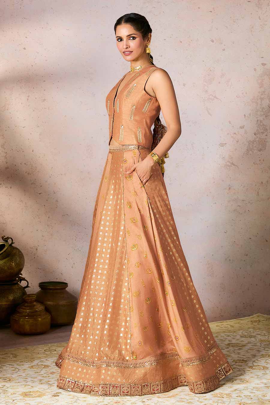 Salmon Trinkets Embellished Koti & Lehenga Set