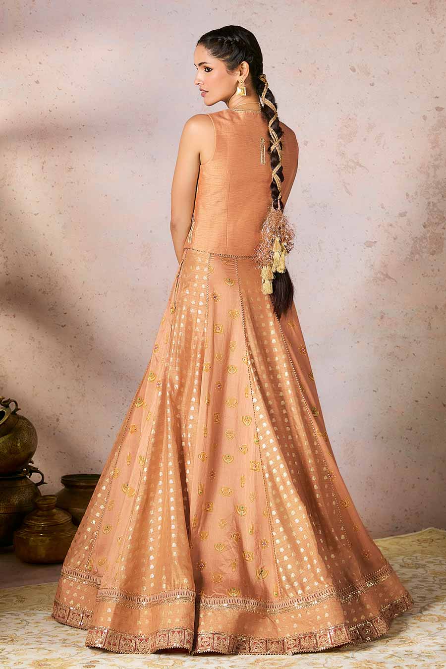 Salmon Trinkets Embellished Koti & Lehenga Set