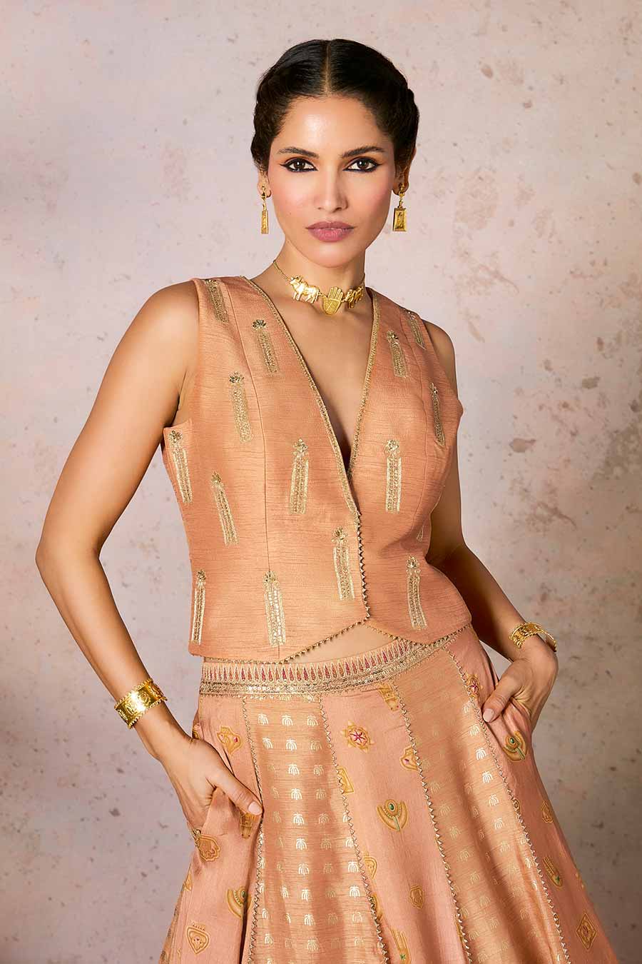 Salmon Trinkets Embellished Koti & Lehenga Set