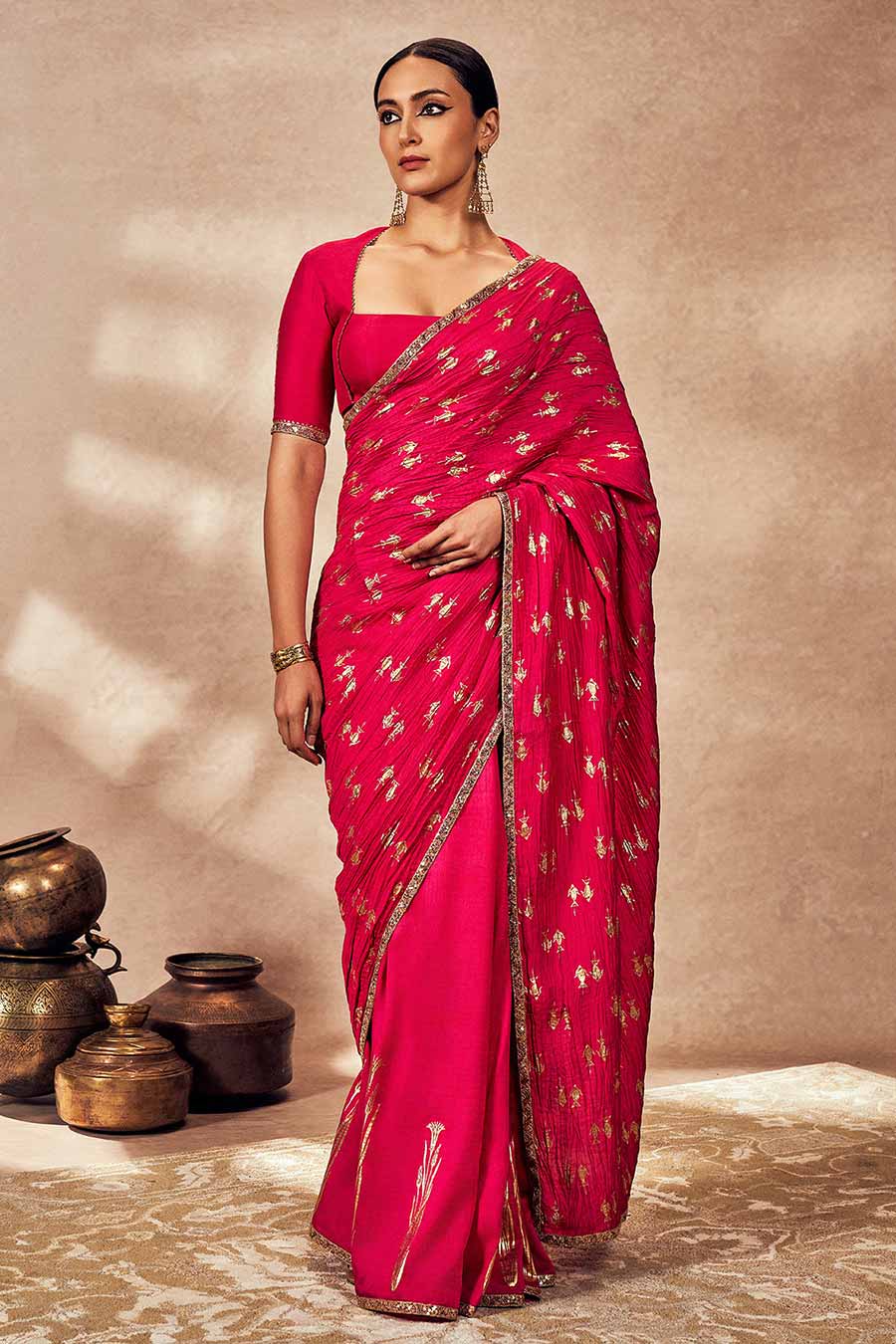 Pink Whispering Lily Printed Crush Saree With Blouse Piece